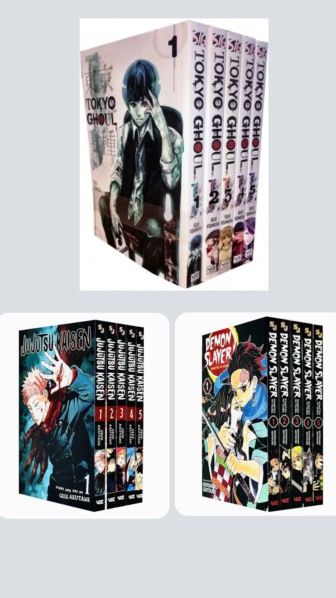 Newbie Essentials Pack — Manga Set (Volumes 1–5) with Bonus Manga Wall Poster Demon Slayer 1-5 || Tokyo Ghoul 1-5 || Jujutsu Kaisen 1-5 ( COMBO )